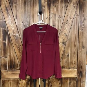 Express Burgundy V-Neck Blouse with Zipper